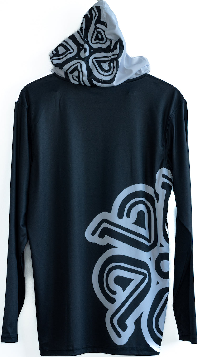 "B&W Hooded Rash Guard" design, dri-fit long-sleeve, back