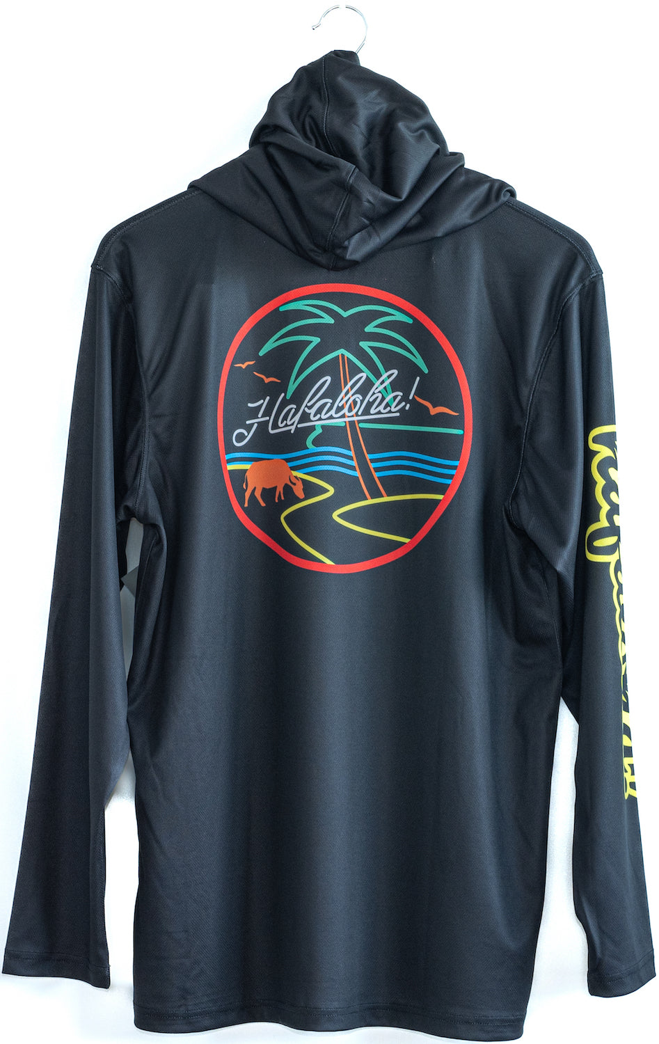 "Neon Seal Hooded Rash Guard" design, dri-fit long sleeve, back