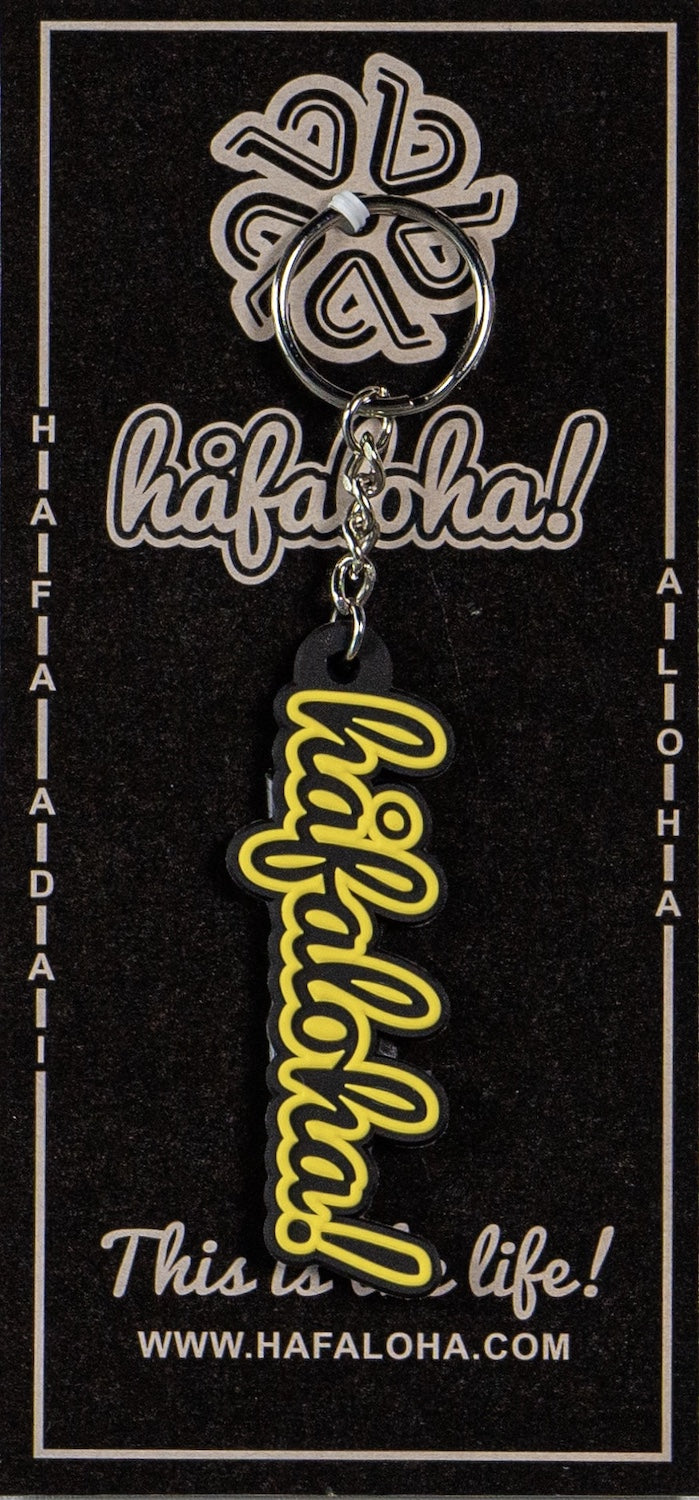 Black & Yellow Script Rubber Keychain from Håfaloha